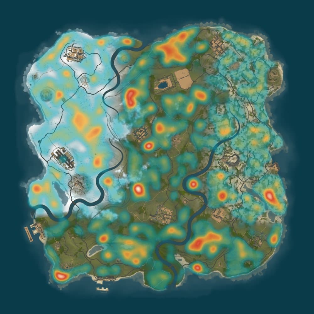 Ore density heatmap painted over a Rust map render